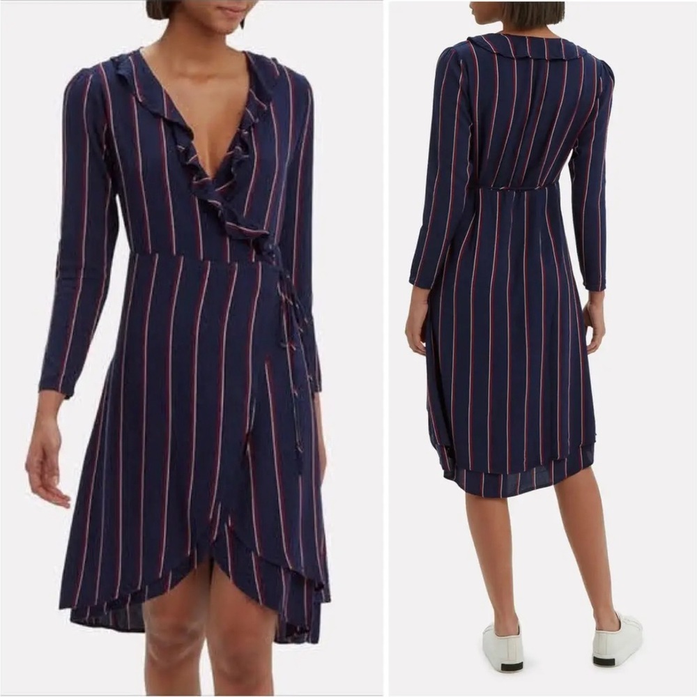 NWT Rails Priya Wrap Dress Striped Ruffle Knee Length Navy Red Womens Size S